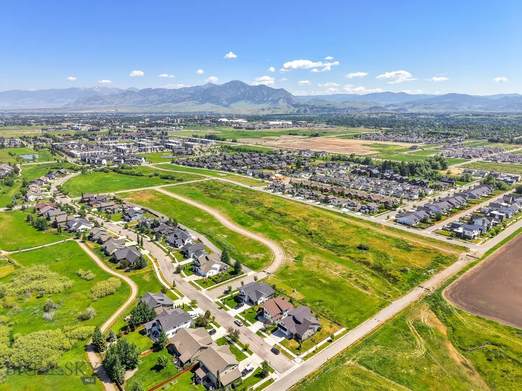 Aerial view of Meadow Bridge with Bridger Mountain backdrop